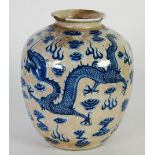 CHINESE BLUE AND WHITE CRACKLE GLAZED PORCELAIN VASE, of footed ovoid form with lipped rim,