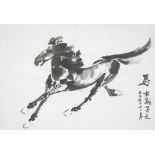 TWENTIETH CENTURY CHINESE INK ON PAPER DRAWING,  of a galloping horse, inscribed with nine