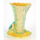 BURLEIGH WARE ART DECO CLOCK TOWER POTTERY SPILL VASE, the vase modelled with pedestal sundial,
