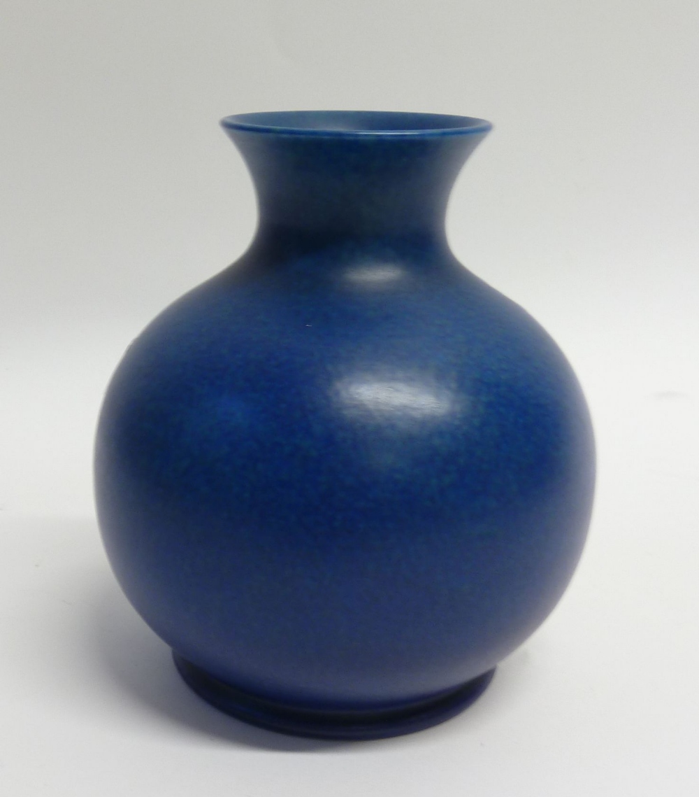 PILKINGTON'S ROYAL LANCASTRIAN KINGFISHER BLUE GLAZED POTTERY VASE, of footed orbicular form with