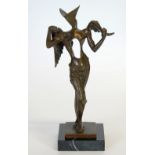 MODERN DALIESQUE PATINATED BRONZE WINGED FEMALE FIGURE, modelled standing in a stylised pose, on a