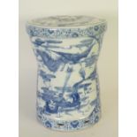 A TWENTIETH CENTURY CHINESE PORCELAIN SEAT OF WAISTED DRUM FORM, painted in underglaze blue with two