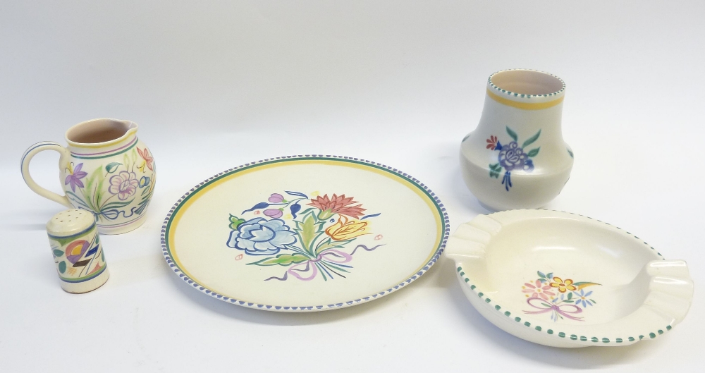 FIVE PIECES OF POOLE POTTERY floral painted in colours, comprising circular ASHTRAY, 6 1/2" (16.5cm)