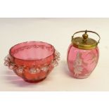 19th CENTURY MARY GREGORY CRANBERRY  GLASS SWING HANDLED PRESERVE JAR with brass mount, 5 1/4" (13.