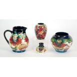 FOUR PIECES OF MODERN MOORCROFT POTTERY VIZ; a JUG, a SWOLLEN VASE and  TWO SMALLER DITTO (4)