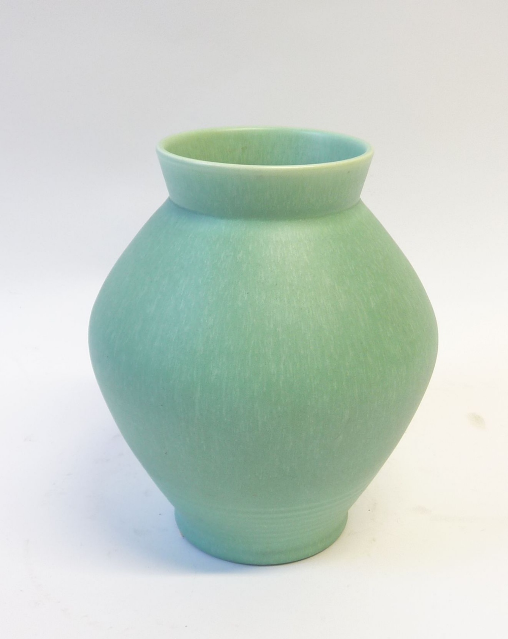 ROYAL LANCASTRIAN SHOULDERED  OVOID POTTERY VASE, mottled green eggshell glaze, impressed marks