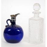 TWENTIETH CENTURY SQUARE CUT GLASS DECANTER, also a Victorian 'Bristol' blue glass DECANTER JUG with