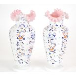 *A PAIR OF BOHEMIAN OPAQUE WHITE GLASS VASES, colourfully enamelled with flowers and butterflies,