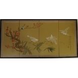 A TWENTIETH CENTURY CHINESE FOUR FOLD INK AND WATERCOLOUR ON SILK SCREEN, depicting four white doves