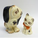 TWO CROWN DEVON POTTERY COMICAL MODELS OF A SEATED DOG AND CAT, the dog 8" (20.3cm) high, the cat 6"