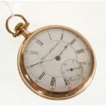 PLYMOUTH WATCH CO., ROLLED GOLD CASED OPEN FACED POCKET WATCH, keyless movement, white roman dial