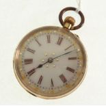 STAMPED 9CT GOLD CASED FOLIATE ENGRAVED OPEN FACED FOB WATCH, keyless movement, white roman dial