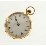 18CT GOLD CASED FOB WATCH, keyless movement, with white roman dial, import London 1950, 25.8g