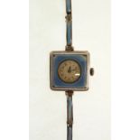 A LADY'S SILVER AND BLUE GUILLOCHE ENAMEL WATCH, mechanical movement, with enamelled square case and