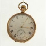ELGIN, ROLLED GOLD CASED OPEN FACED POCKET WATCH, keyless movement, with white porcelain roman dial,