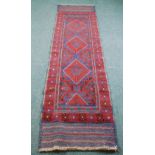 MESHWANI EASTERN HAND KNITTED WOOLLEN RUNNER, PRINCIPALLY WINE RED AND MIDNIGHT BLUE WITH THREE