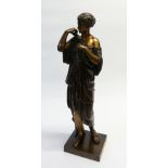 19th CENTURY FRENCH BRONZE OF A CLASSICAL MAIDEN, patinated and parcel gilded, standing on a