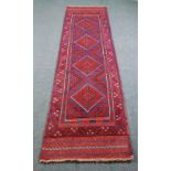 MESHWANI EATERN HAND KNOTTED WOOLLEN RUNNER PRINCIPALLY WINE RED AND MIDNIGHT BLUE WITH FOUR DIAMOND