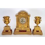 LATE 19TH CENTURY FRENCH ORMOLU GARNITURE-DE-CHEMINEE, the clock with pierced floral centre to the 3