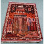 BALUCHI PERSIAN HAND KNOTTED WOOLEN PRAYER RUG WITH STYALISED TEMPLE AND TREE DESIGN IN MULTI