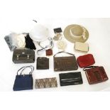 LADIES LEATHER ACCESSORIES AND COSTUME including; a snakeskin and two other vintage handbags, pair