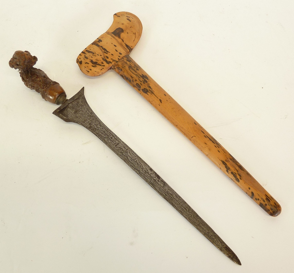 SOUTH EAST ASIA PROBABLY MALAYAN EARLY TWENTIETH CENTURY KRIS, having watered double edge blade,