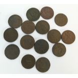 FIFTEEN MAINLY LATE 18TH CENTURY COPPER HALFPENNY TOKENS predominantly North of England to include