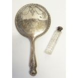 LATE VICTORIAN CUT GLASS AND SILVER SCENT PHIAL of oval section with floral embossed silver screw