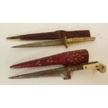 CRUDE MIDDLE EASTERN DAGGER, with two part bone handle and the red leather scabbard,  TOGETHER
