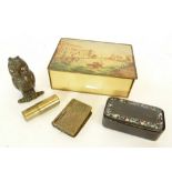 EARLY TWENTIETH CENTURY CAST METAL OWL MATCH RECEIVER, the hinged head with glass bead eyes, 2 3/
