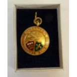 9CT GOLD ENAMELLED PIGEON RACING MEDALLION, 'Clough Bros', presented 1923, Birmingham 1923, 13.8g,