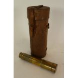 *BRASS THREE DRAW TELESCOPE, with hood and end cap, 18 1/2" (47cm) long, fully extended (lacks