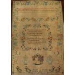 EARLY NINETEENTH CENTURY CHILD'S NEEDLEWORK SAMPLER by Jane Chidley, aged 11 years, May 30th 1822,