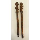 AFRICAN CARVED SOFTWOOD  BATON carved finial figure of standing male and ANOTHER A FEMALE, each 17