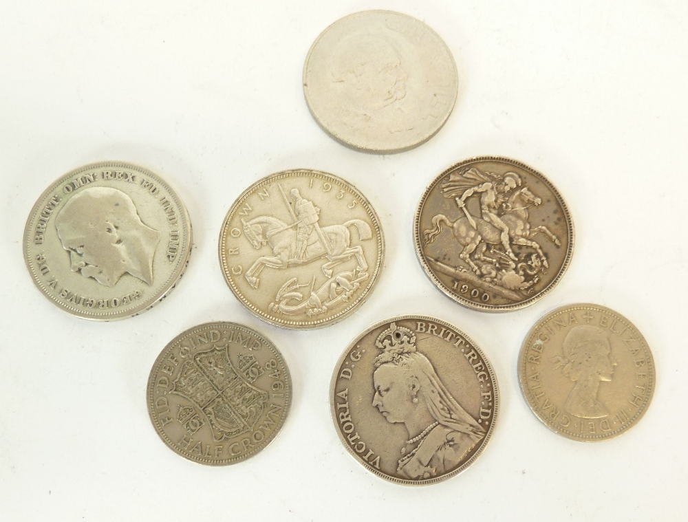 LATE VICTORIAN SILVER CROWN, 1890. (showing wear), ANOTHER 1900, (fair). a  GEORGE V CROWN COIN 1935