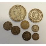 A SMALL COLLECTION OF EARLY 19TH CENTURY AND LATER GB SILVER COINAGE, includes George IV half-