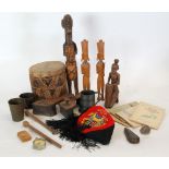 AFRICAN CARVED SOFTWOOD SMALL DRUM, with pair of sticks, TOGETHER WITH FOUR CARVED WOOD FIGURES,