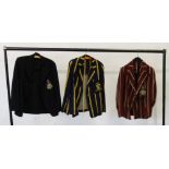 TWO MID TWENTIETH CENTURY STRIPED SCHOOL/COLLEGE BLAZERS, with breast pocket badges initials O.P.