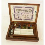 G ROWNEY & CO ARTISTS MAHOGANY WATER COLOUR PAINT BOX containing selection of paints and removable