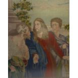 VICTORIAN PICTORIAL NEEDLEWORK TAPESTRY,  Christ with two disciples,  inscribed 'Mary Ann Morris's