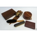 ROSEWOOD TABLE CIGAR BOX, A PAIR OF WOODEN MILITARY HAIR BRUSHES, IN LEATHER CASE, A LEATHER