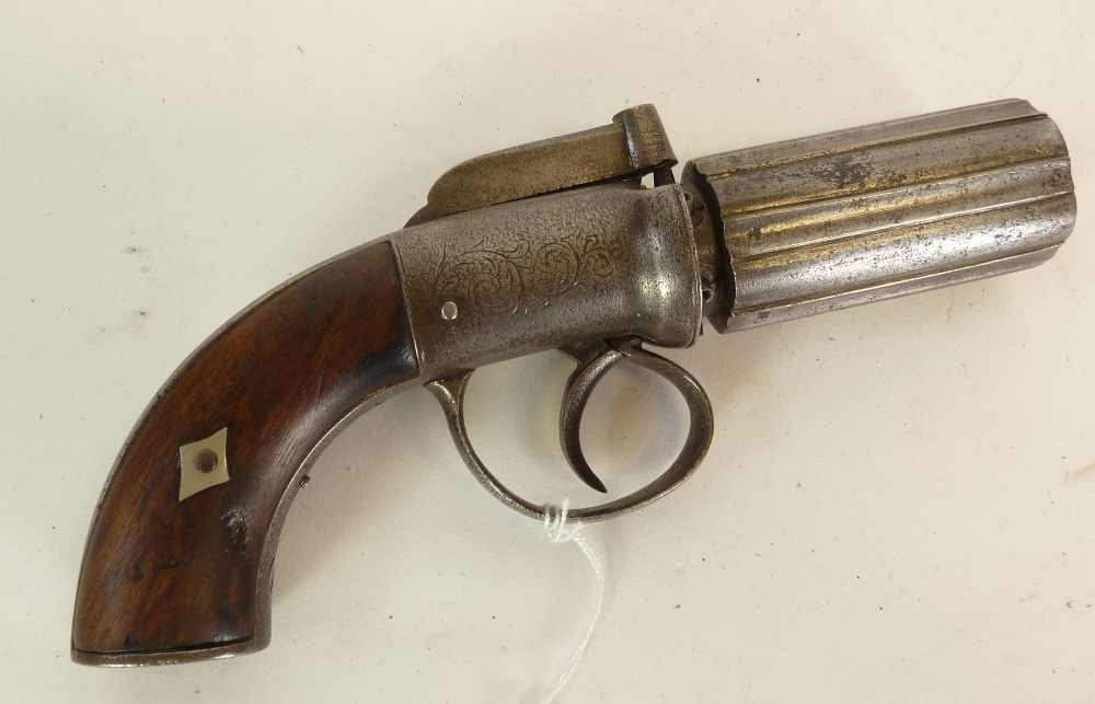 ANTIQUE SIX SHOT SELF COCKING BAR HAMMER PERCUSSION PEPPERBOX REVOLVER, with 2 3/4" (7cm) barrels,