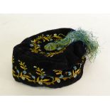 GENTLEMANS VELVET SMOKING CAP, embroidered with forget-me-nots, with tassel