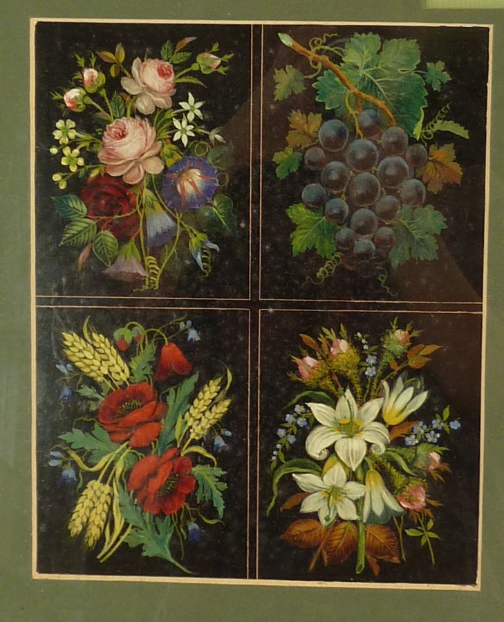 VICTORIAN BLACK VITROLITE GLASS PANEL, painted in four oblong reserves with a fruiting vine and