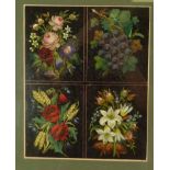 VICTORIAN BLACK VITROLITE GLASS PANEL, painted in four oblong reserves with a fruiting vine and
