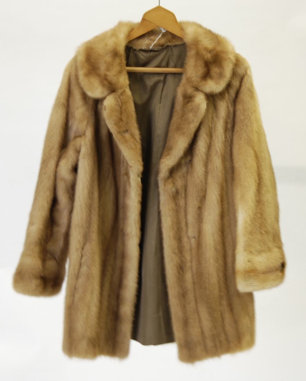 A LADY'S  LIGHT BROWN PASTEL MINK THREE QUARTER LENGTH FUR COAT, revered collar, double breasted