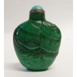 CHINESE CARVED MALACHITE SNUFF BOTTLE with pale blue stone set sterling silver stopper, possibly