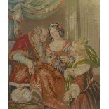 VICTORIAN PICTORIAL NEEDLEWORK, depicting a noble woman kneeling before a king with female attendant