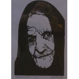 ROGER HAMPSON  LINOCUT ON GREY PAPER  'Old Woman in shawl' signed, titled and numbered in pencil No.