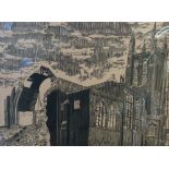 ROGER HAMPSON  LINOCUT ON BUFF PAPER 'Demolition, St. Saviour's Church, Bolton' signed, titled and